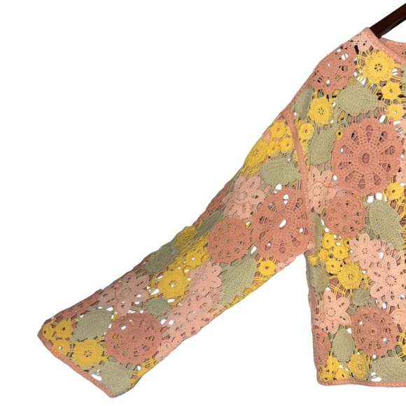 Entro Knit Crochet Floral Multi Color Pastel Cropped Long Sleeve Lace Top Small - Picture 10 of 14